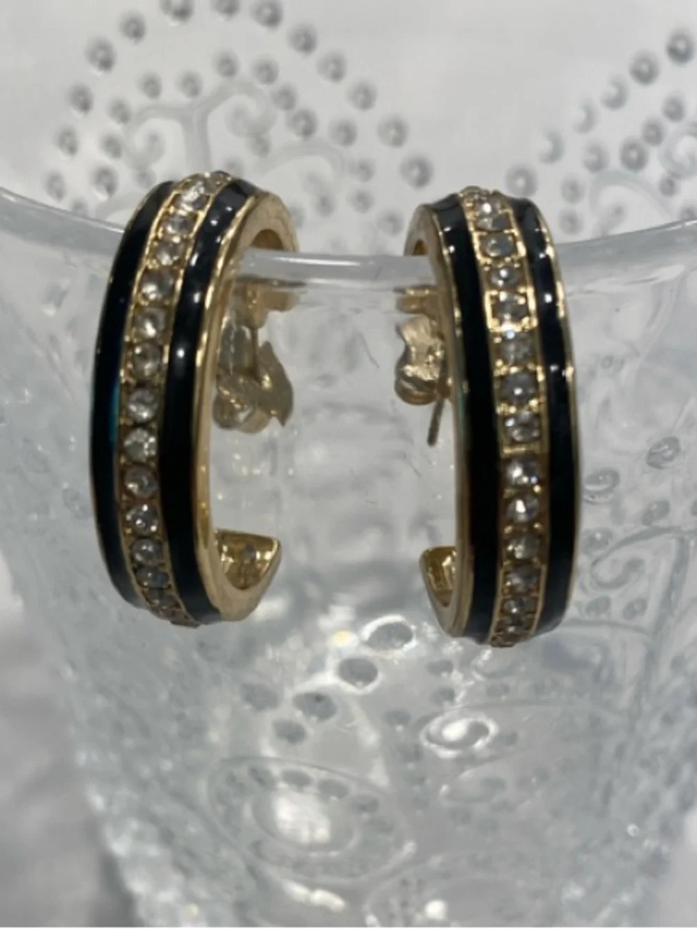 Gold Navy Enamel Rhinestone Hoop Earrings Medium - Picture 3 of 12